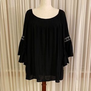 Cato Black Blouse with Embroidered Sleeves